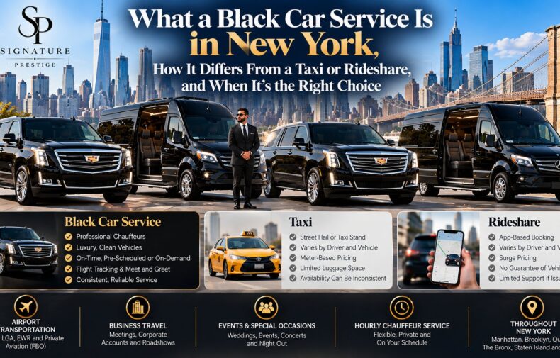 NYC Signature Prestige chauffeur with black Cadillac Escalades and Mercedes Sprinter vans comparing black car service to taxi and rideshare in New York