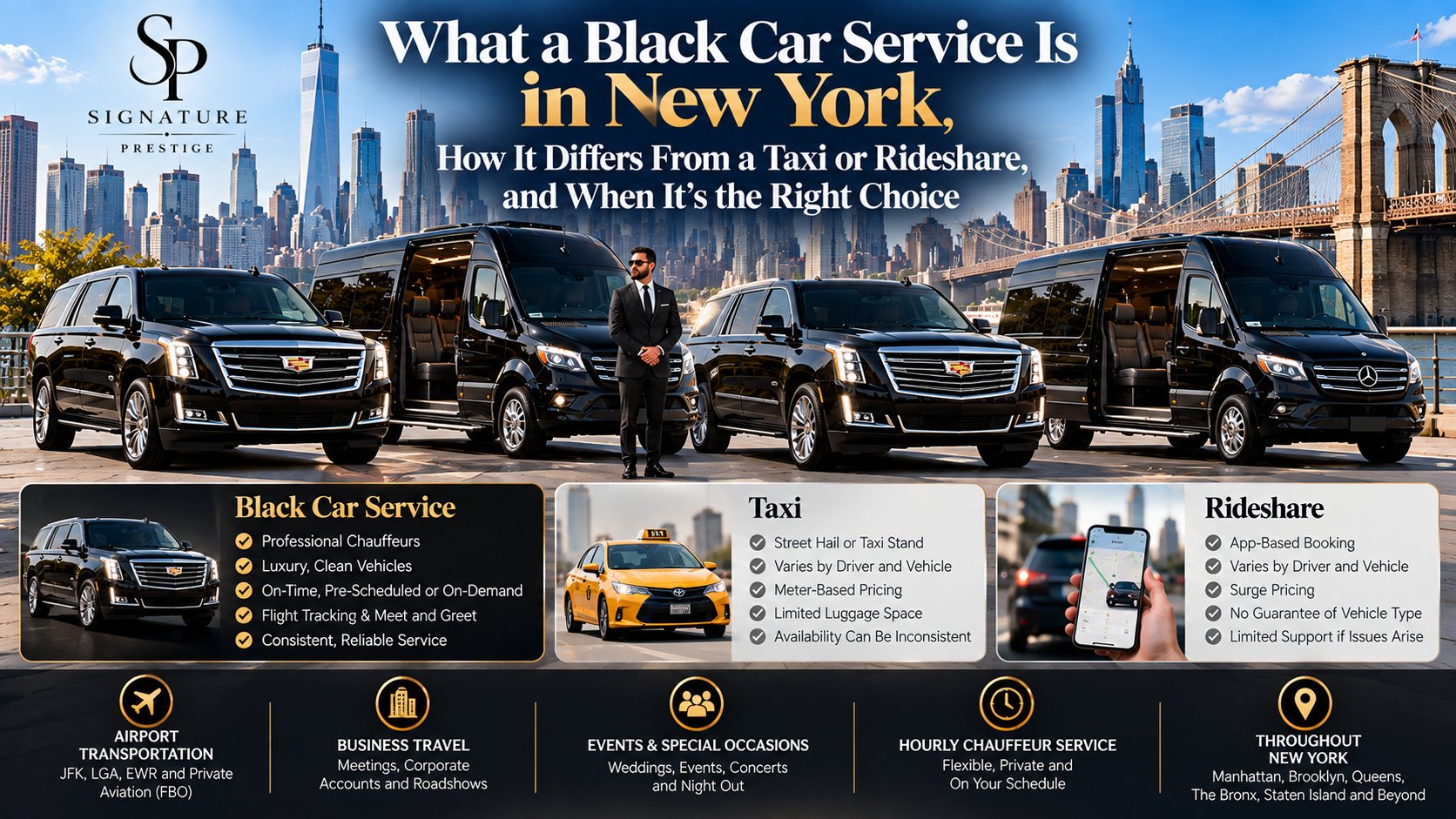 NYC Signature Prestige chauffeur with black Cadillac Escalades and Mercedes Sprinter vans comparing black car service to taxi and rideshare in New York