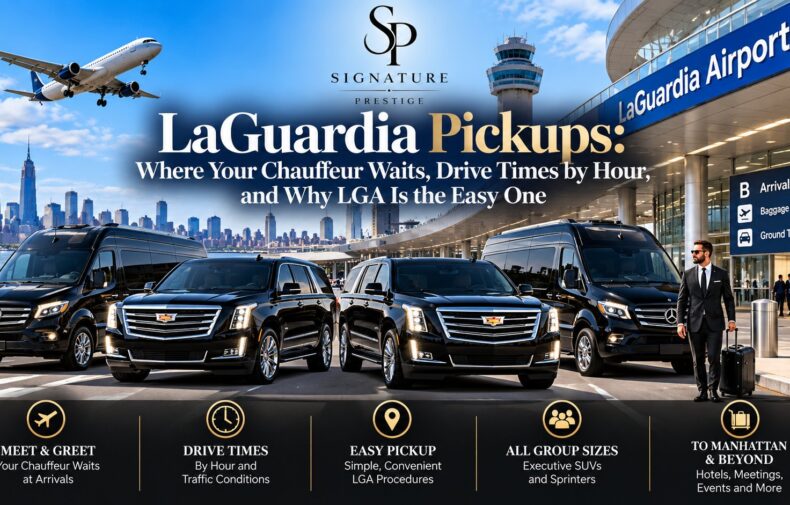 NYC Signature Prestige chauffeur with luggage beside black SUVs and Mercedes Sprinter vans at LaGuardia Airport arrivals