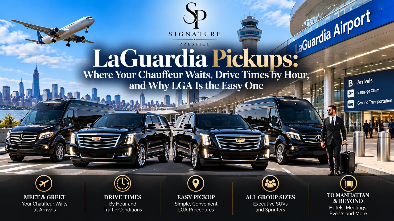NYC Signature Prestige chauffeur with luggage beside black SUVs and Mercedes Sprinter vans at LaGuardia Airport arrivals
