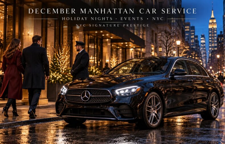 Black Mercedes-Benz E-Class with NYC Signature Prestige chauffeur outside an elegant Manhattan property during a December holiday evening.
