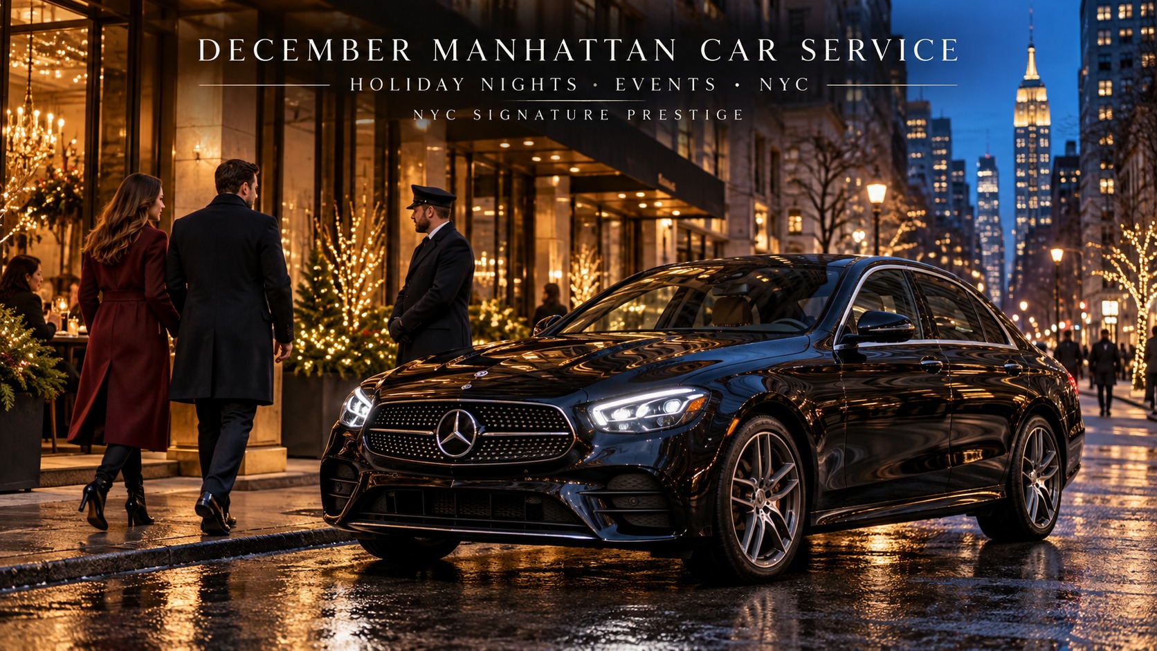 Black Mercedes-Benz E-Class with NYC Signature Prestige chauffeur outside an elegant Manhattan property during a December holiday evening.