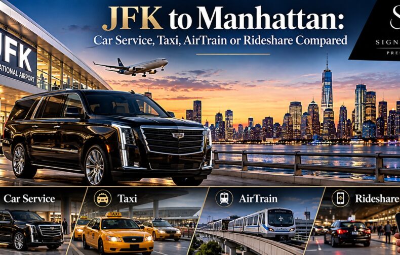 Black Cadillac Escalade at JFK airport with Manhattan skyline, comparing car service, taxi, AirTrain and rideshare to Manhattan
