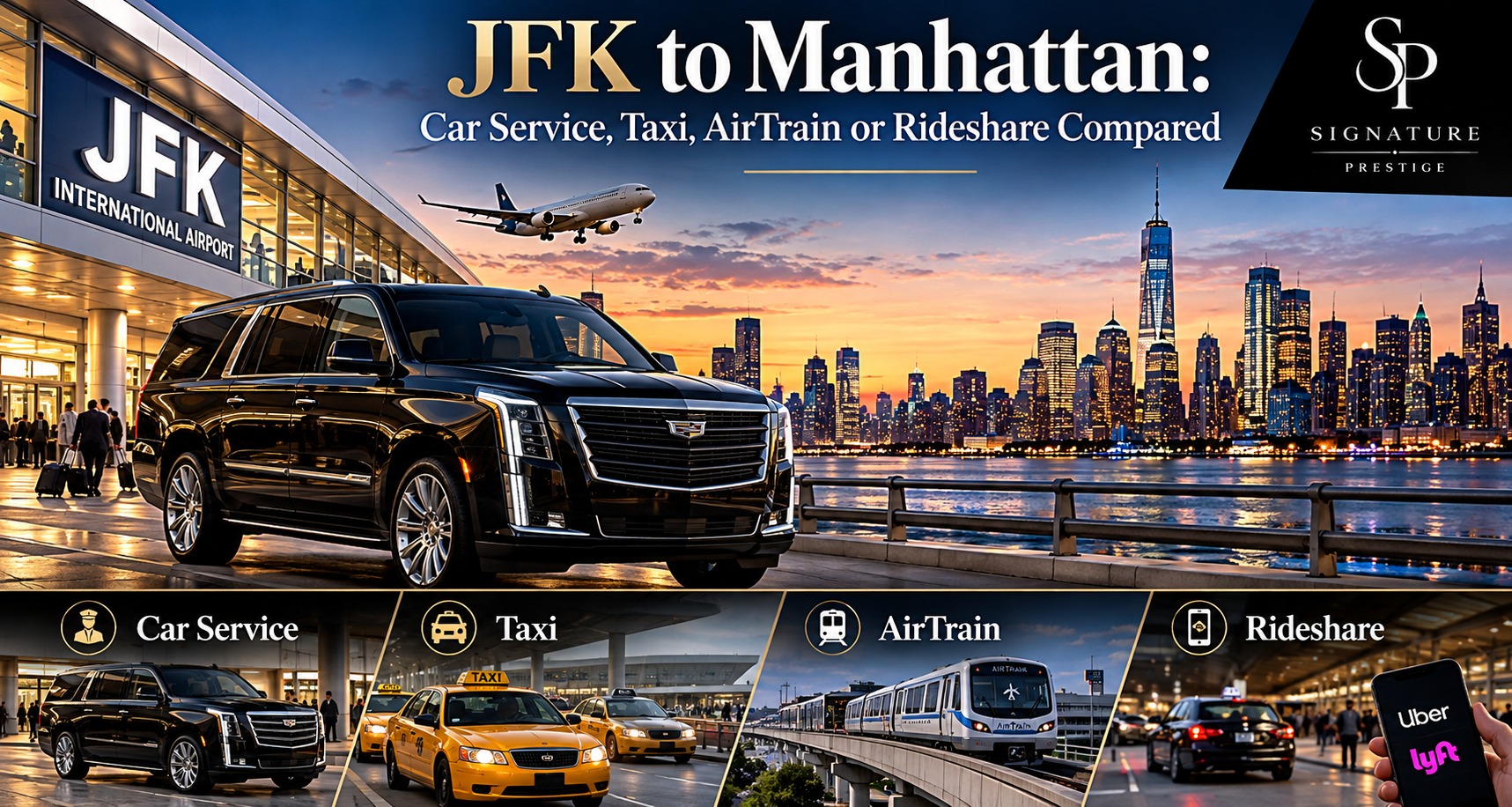 Black Cadillac Escalade at JFK airport with Manhattan skyline, comparing car service, taxi, AirTrain and rideshare to Manhattan