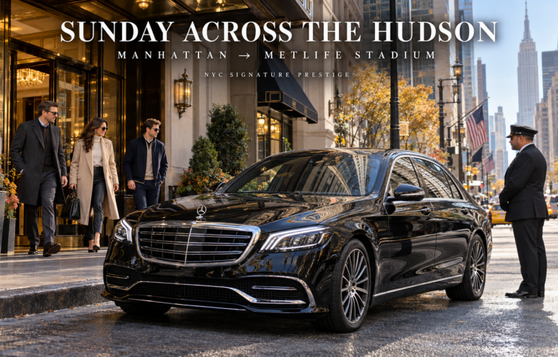 Black Mercedes-Benz S-Class picking up passengers in Midtown Manhattan for private car service to MetLife Stadium with NYC Signature Prestige.