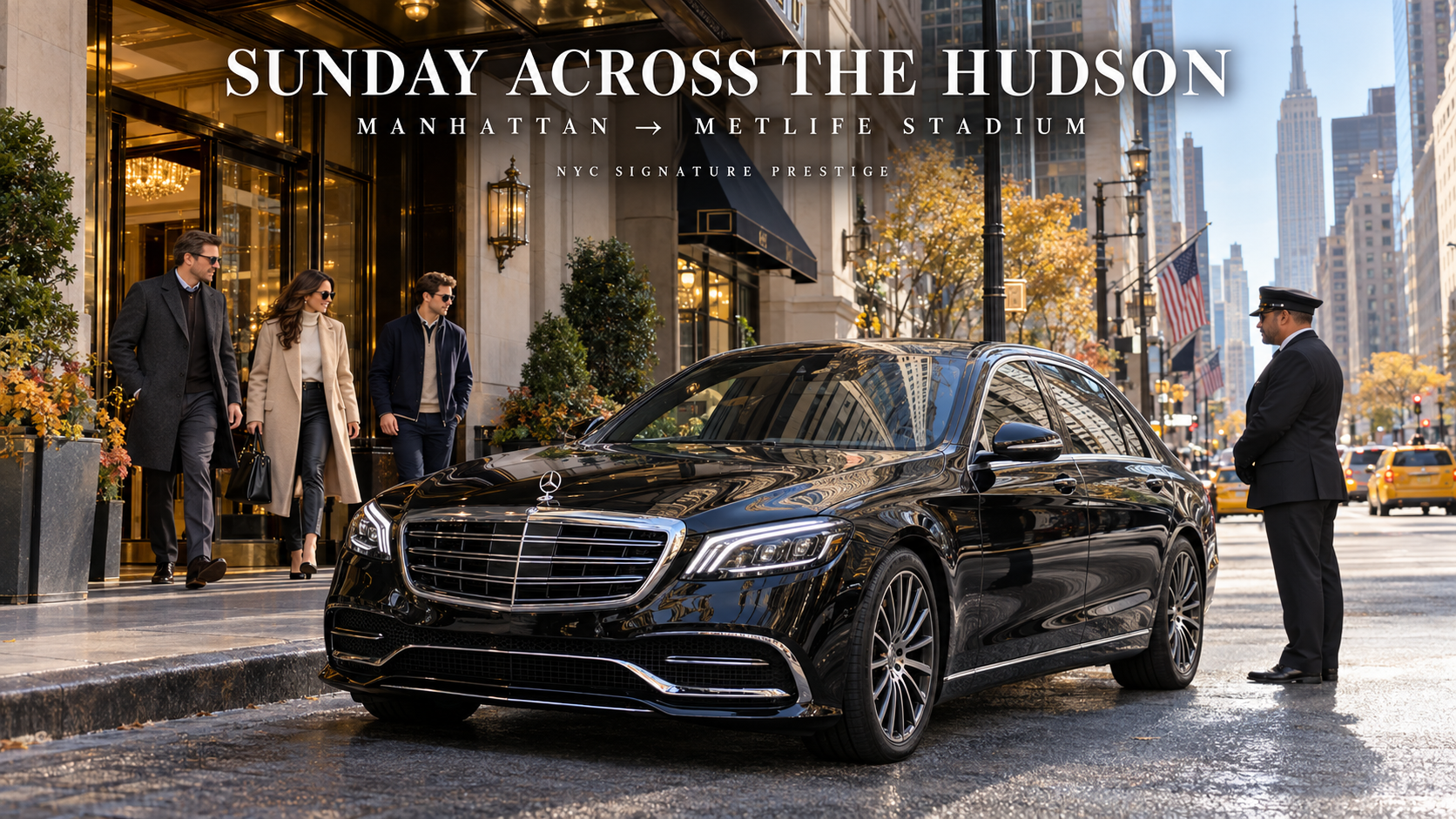 Black Mercedes-Benz S-Class picking up passengers in Midtown Manhattan for private car service to MetLife Stadium with NYC Signature Prestige.