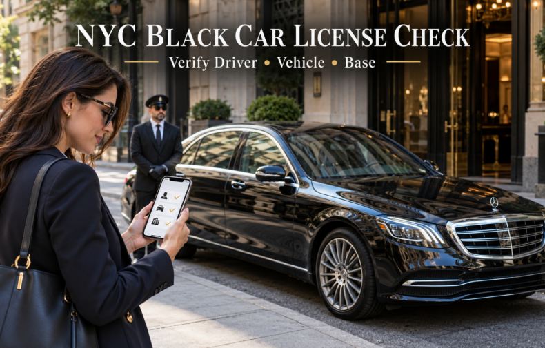 NYC black car license check showing a traveler verifying a booked luxury sedan and chauffeur before pickup in Manhattan.