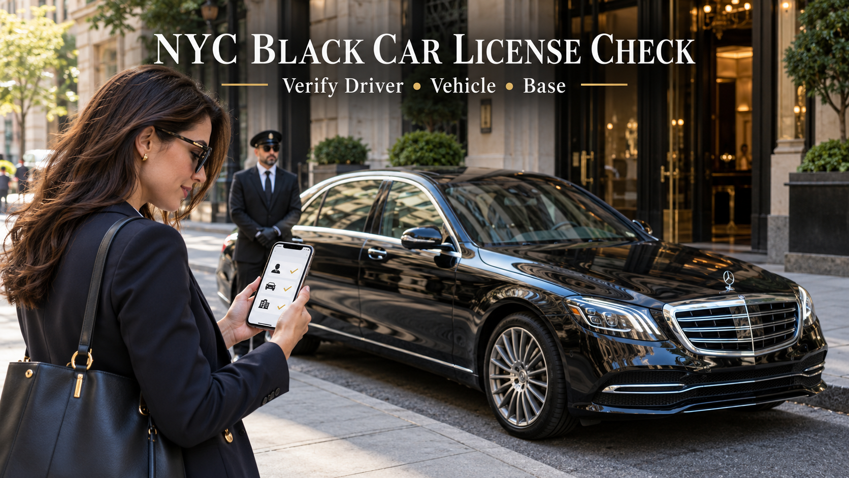 NYC black car license check showing a traveler verifying a booked luxury sedan and chauffeur before pickup in Manhattan.