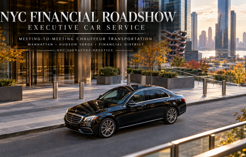 Black Mercedes-Benz E-Class in Hudson Yards Manhattan representing NYC financial roadshow car service for executive meetings and corporate travel.