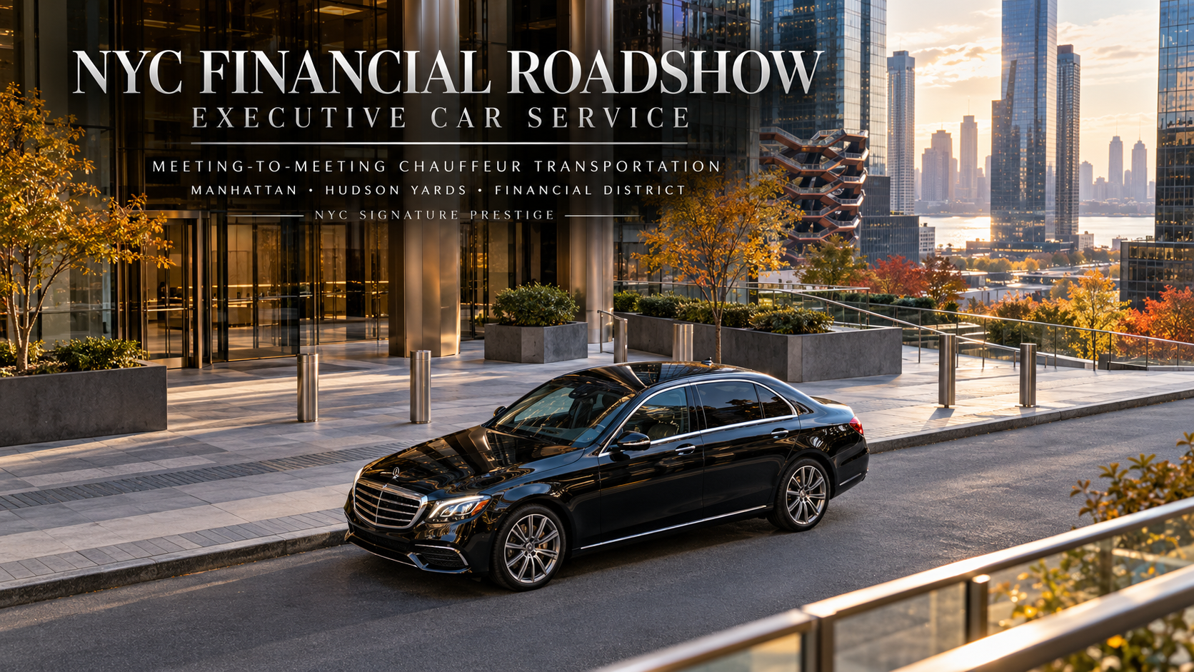 Black Mercedes-Benz E-Class in Hudson Yards Manhattan representing NYC financial roadshow car service for executive meetings and corporate travel.