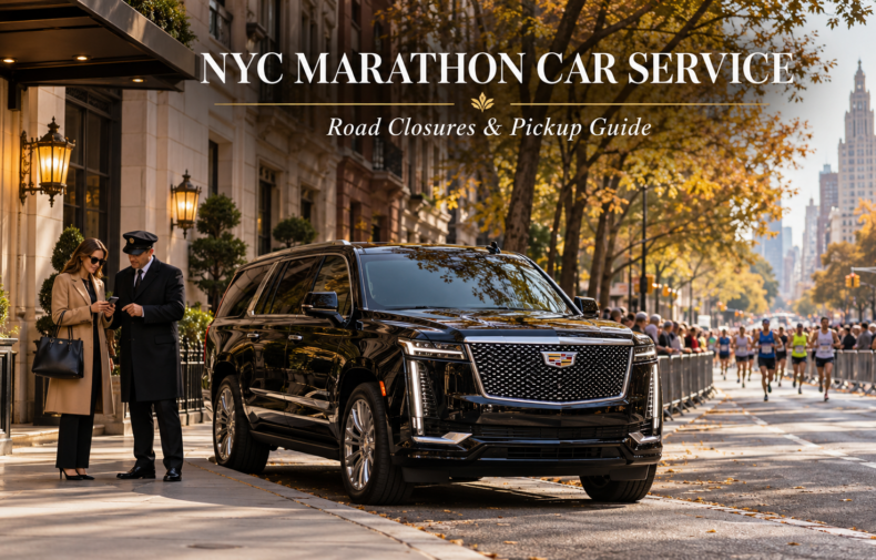 NYC Marathon car service with a black Cadillac Escalade near a Manhattan hotel during Marathon Sunday.