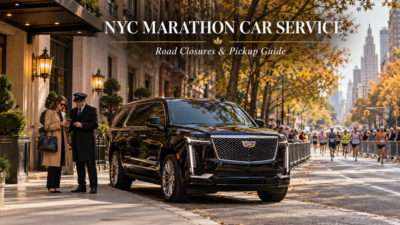 NYC Marathon car service with a black Cadillac Escalade near a Manhattan hotel during Marathon Sunday.