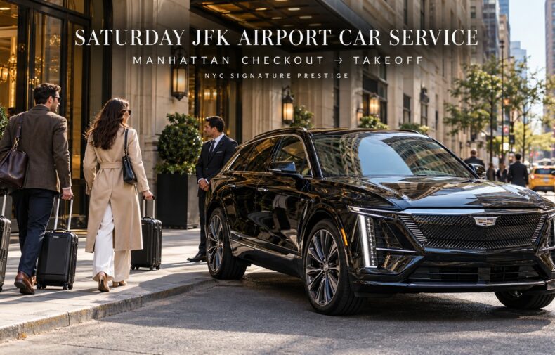 Black Cadillac Lyriq with NYC Signature Prestige chauffeur and travelers leaving a Manhattan hotel for a Saturday JFK Airport flight.