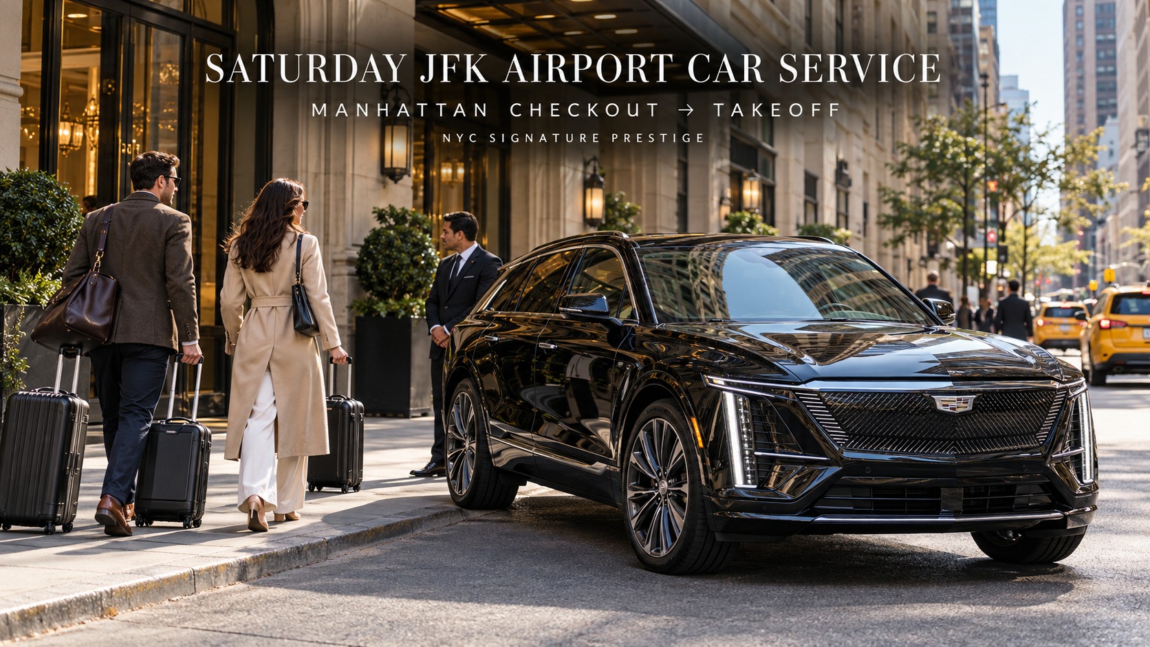 Black Cadillac Lyriq with NYC Signature Prestige chauffeur and travelers leaving a Manhattan hotel for a Saturday JFK Airport flight.
