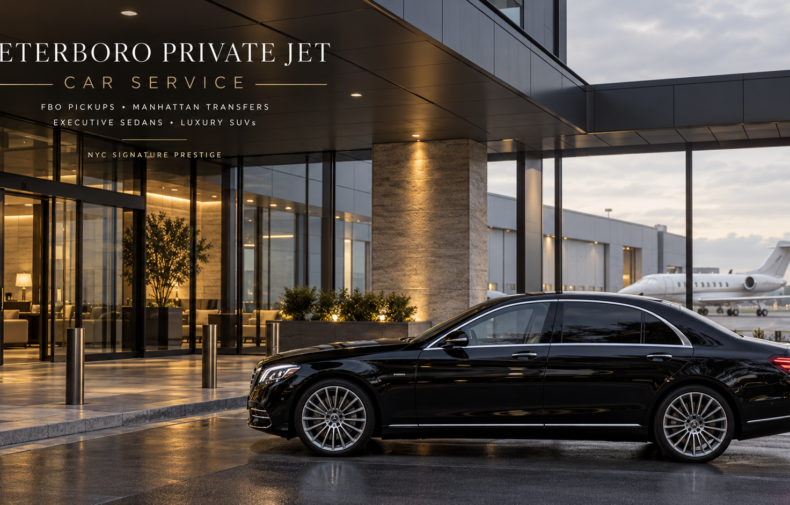 Black Mercedes-Benz S-Class at a Teterboro private aviation terminal for Teterboro private jet car service and Manhattan FBO transfers.