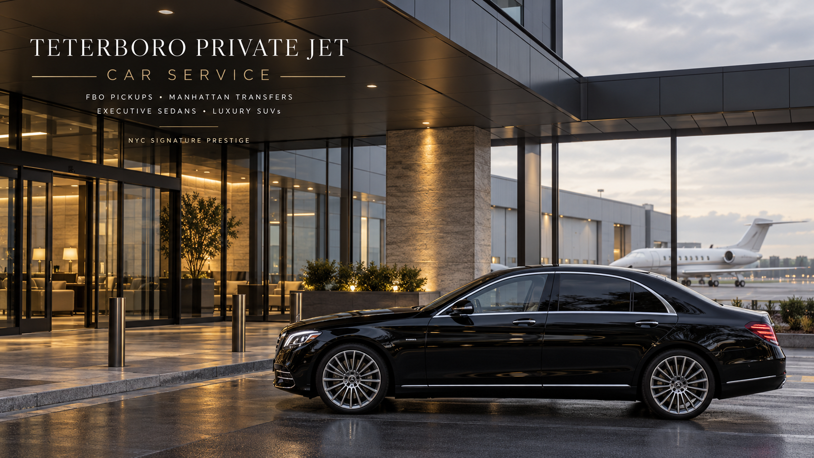Black Mercedes-Benz S-Class at a Teterboro private aviation terminal for Teterboro private jet car service and Manhattan FBO transfers.