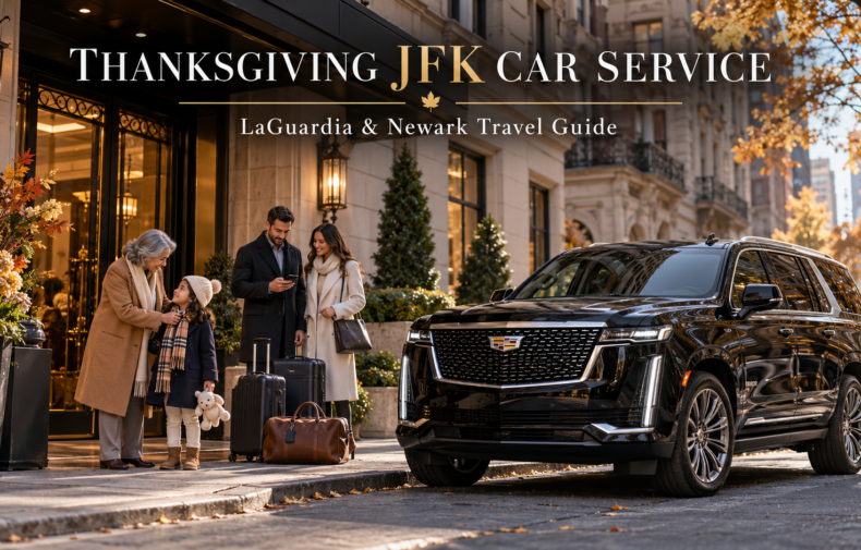 Thanksgiving JFK car service featuring a modern black Cadillac Escalade outside a Manhattan residence before a family airport departure.