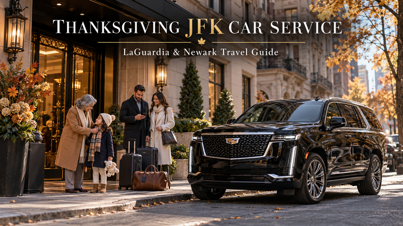 Thanksgiving JFK car service featuring a modern black Cadillac Escalade outside a Manhattan residence before a family airport departure.