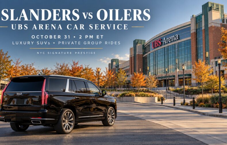 Black Cadillac Escalade near UBS Arena in Elmont, New York, for Islanders vs Oilers UBS Arena car service on Halloween 2026.