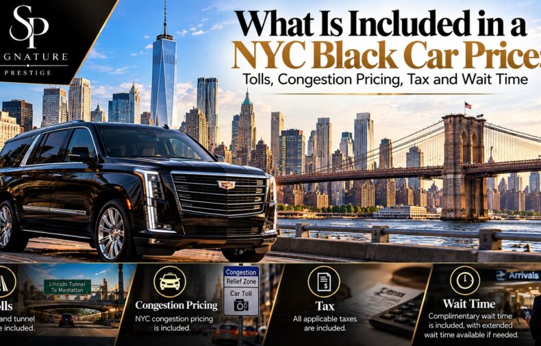 Black Cadillac Escalade with NYC skyline and Brooklyn Bridge showing what's included in a NYC black car price