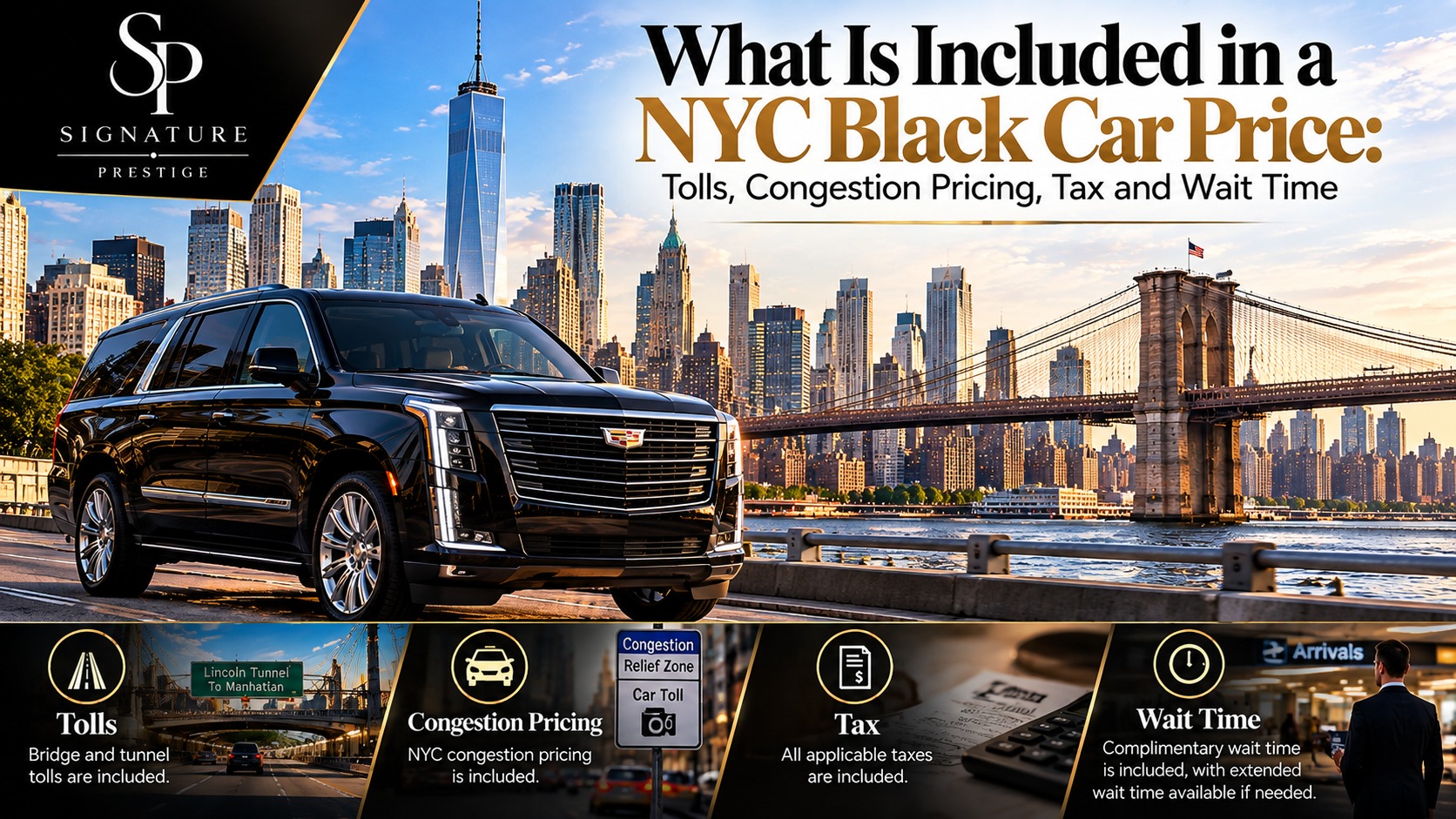 Black Cadillac Escalade with NYC skyline and Brooklyn Bridge showing what's included in a NYC black car price